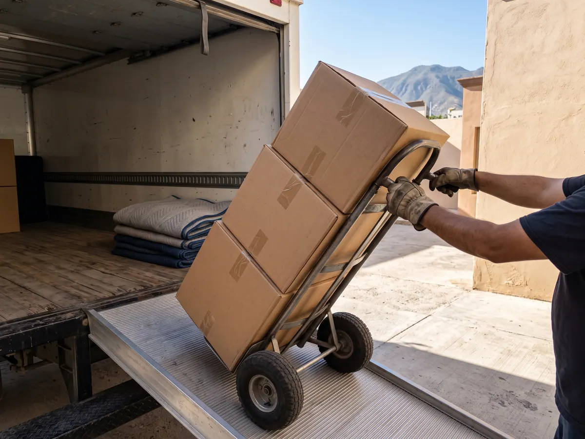 Ayudante acomodando tarimas con mercancía dentro de la caja de un camión de 3.5 toneladas
