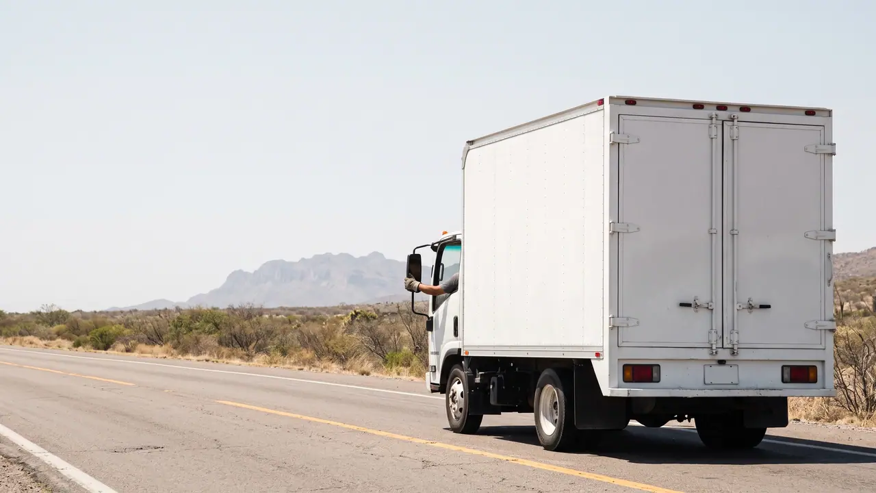 Camión de carga con caja seca saliendo de Monterrey por la autopista con la Sierra Madre al fondo
