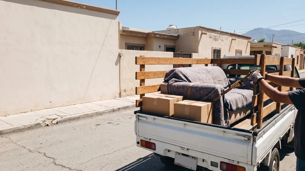 Camioneta de redilas cargando un refrigerador envuelto en cobijas en una calle de Monterrey