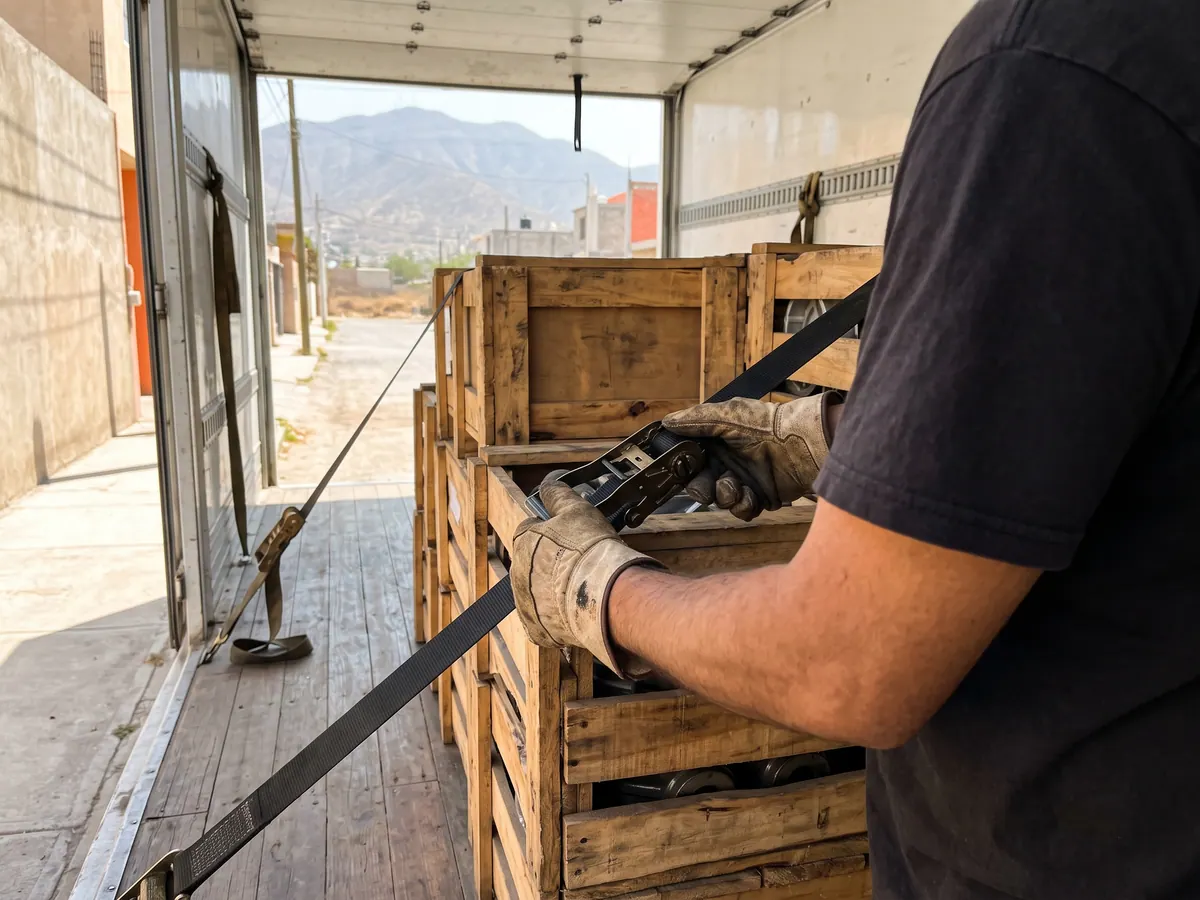 Plataforma cargada con maquinaria industrial sujeta con cadenas frente a una nave en Chihuahua