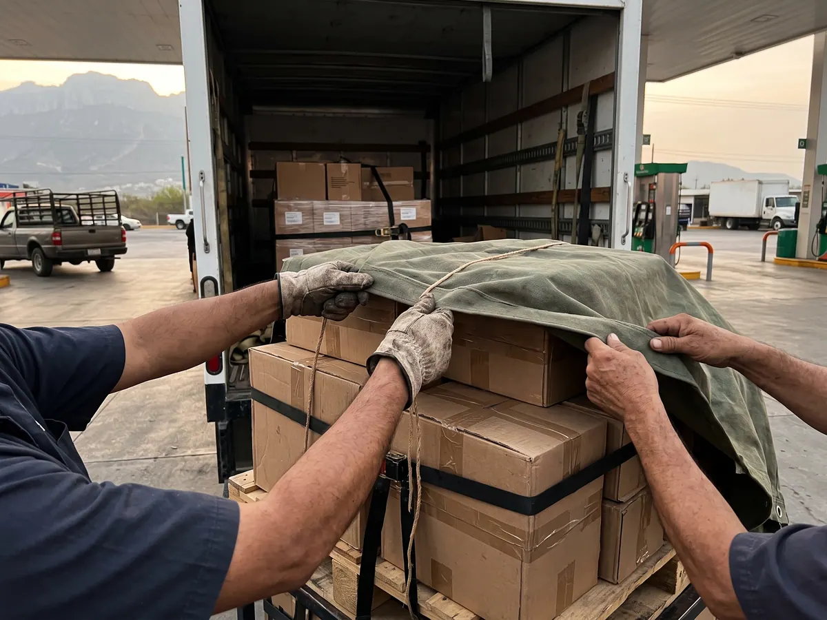 Ayudantes cargando muebles envueltos en cobijas en un camión de 3.5 toneladas para una mudanza a la Ciudad de México