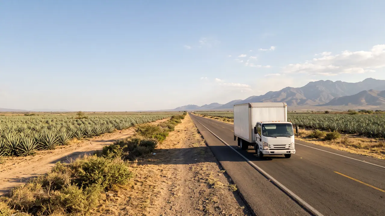 Camión de caja seca en la carretera federal 57 rumbo a la Ciudad de México al amanecer