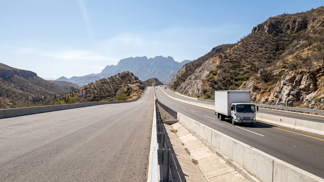 Camión de carga circulando por la autopista 40D entre Monterrey y Saltillo con la sierra al fondo