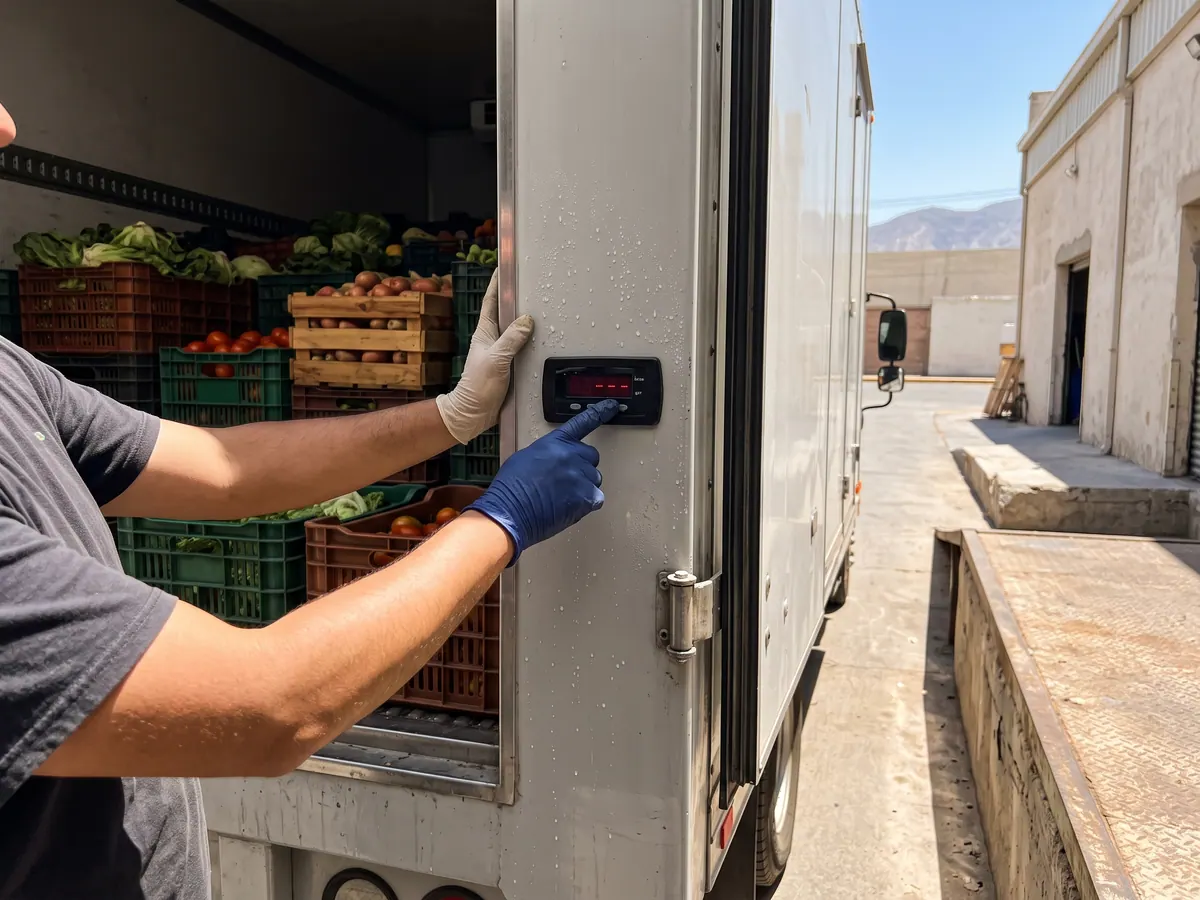 Cajas de alimentos apiladas dentro de una caja refrigerada con el termómetro visible