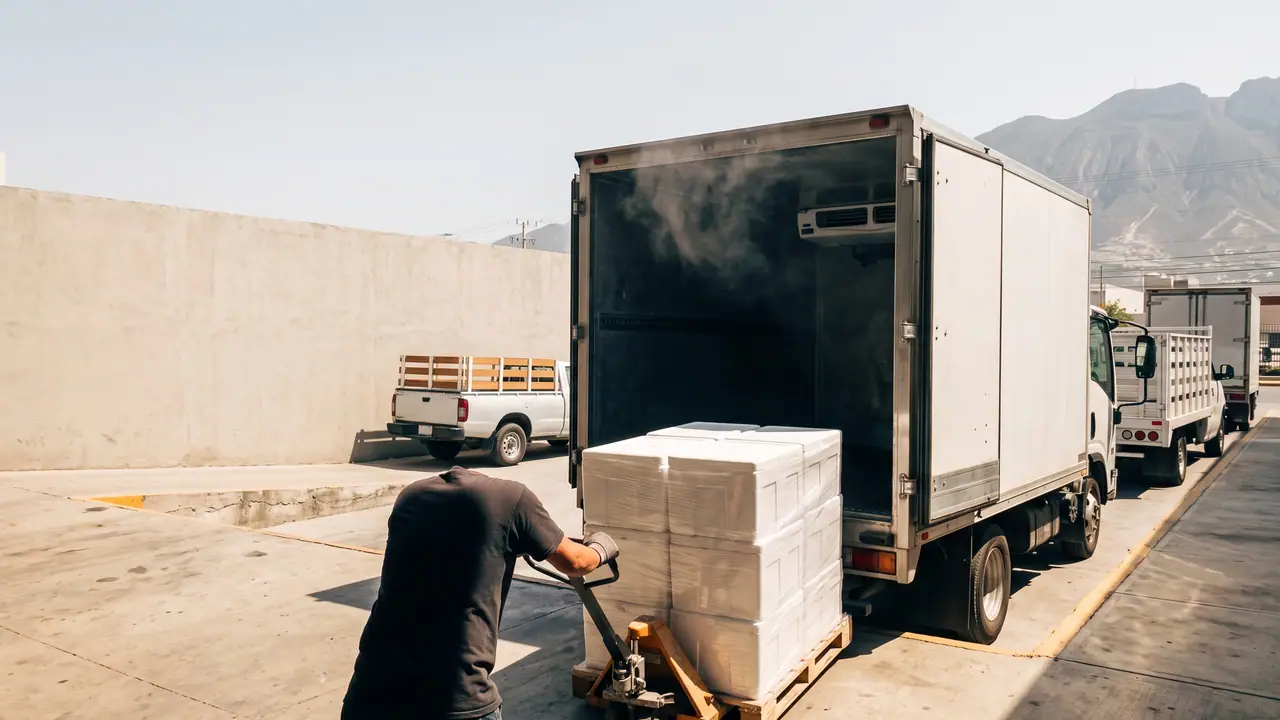 Camión de 3.5 toneladas con caja refrigerada y equipo de frío estacionado frente a un restaurante en Monterrey
