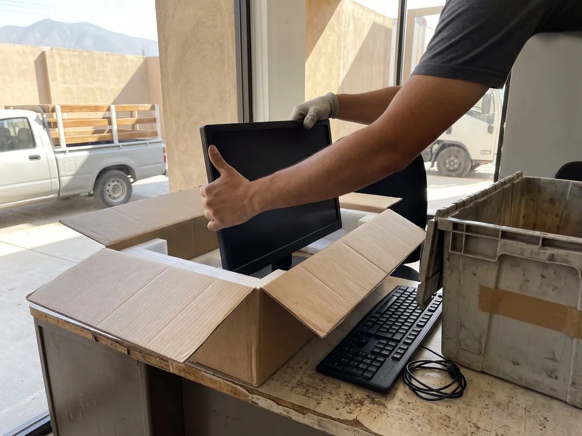 Cajas de archivo apiladas y etiquetadas por área junto a monitores envueltos en plástico burbuja en una oficina vacía