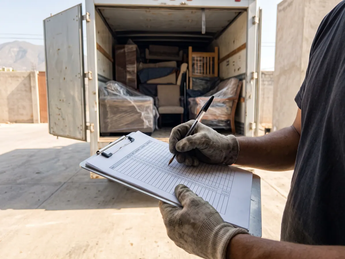 Chofer y cliente revisando un inventario impreso en la puerta de la caja del camión con muebles envueltos en cobijas y amarrados