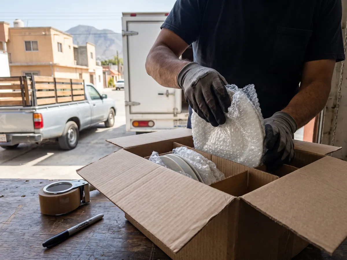 Caja de ropa colgada con tubo y vestidos en gancho junto a cajas selladas con cinta canela en una recámara vacía